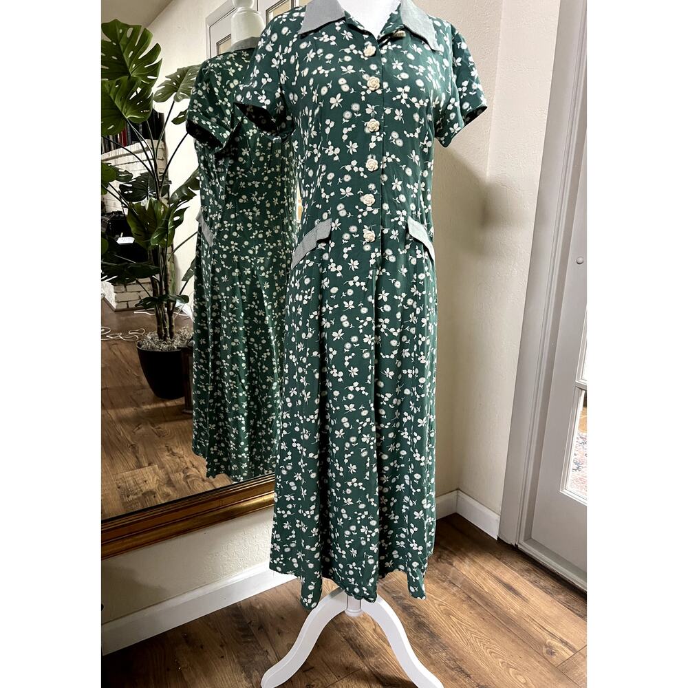 VTG 80 Carol Anderson Sage Floral Retro Cottagecore Romantic Midi Women Dress 6P